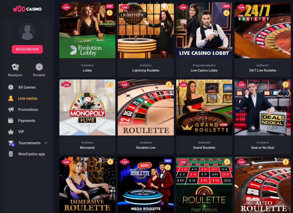 Live casino games at Woo